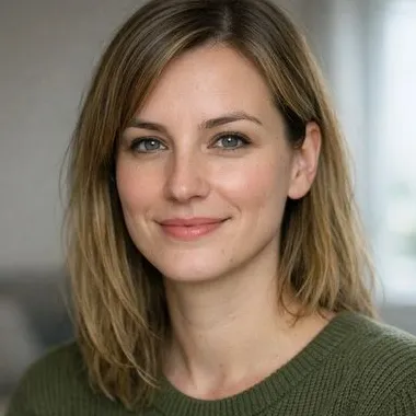 Woman in her early thirties, dark-blonde hair, grey-green eyes, olive knit sweater