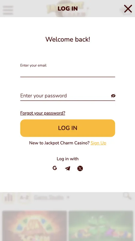 Jackpot Charm login screen