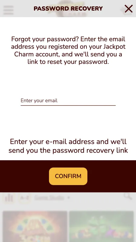 Password reset form at Jackpot Charm